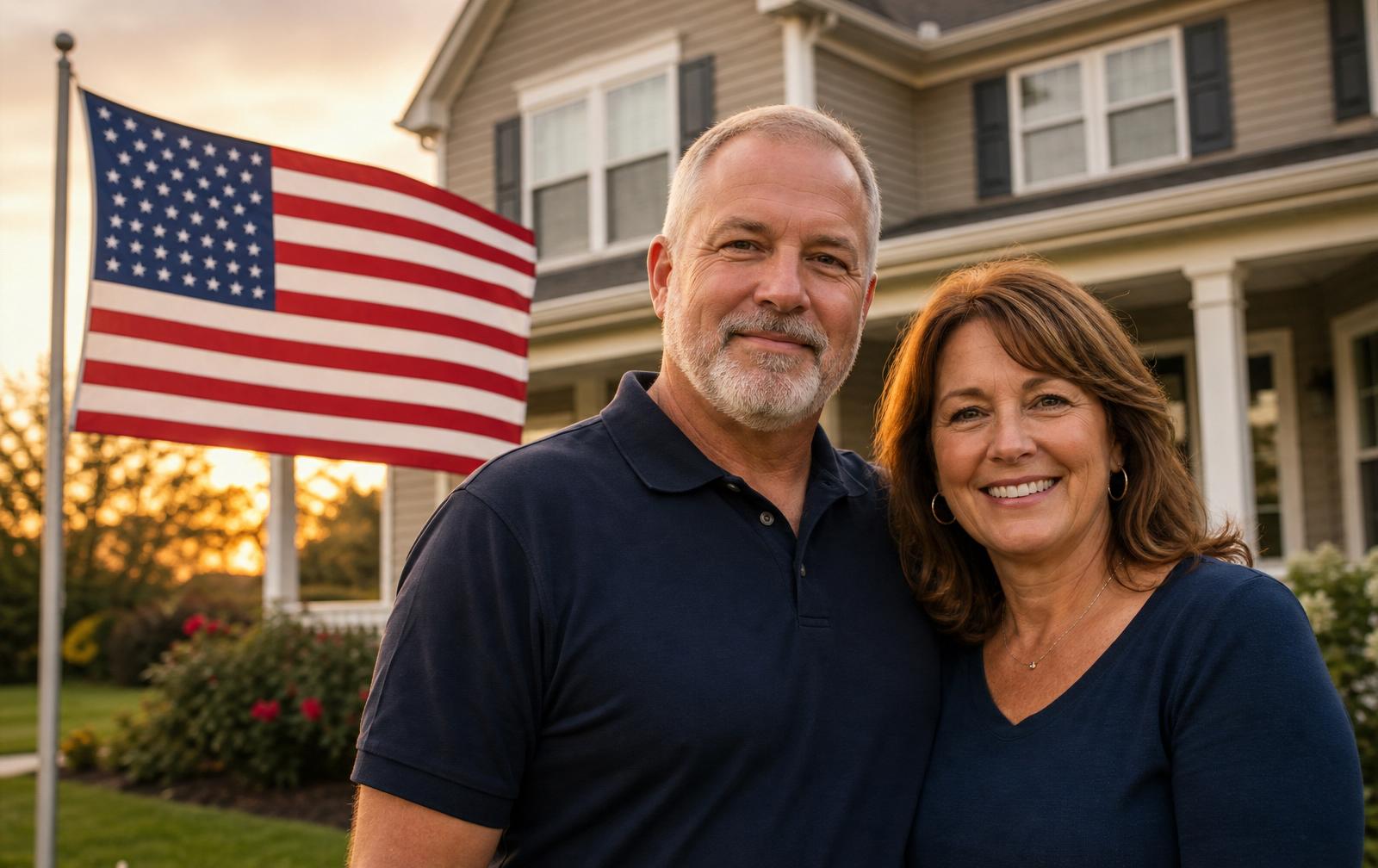 Veteran couple in front of their American home